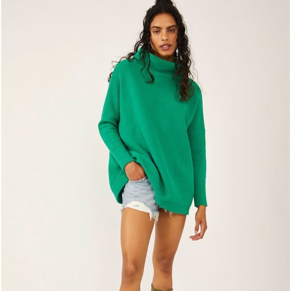 2/$30 Free People Slouchy Tunic Green Ribbed Mock Neck Oversized Sweater S - Picture 1 of 7